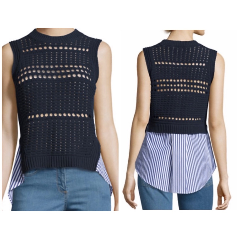 Veronica Beard navy blue sleeveless eyelet & poplin combo sweater